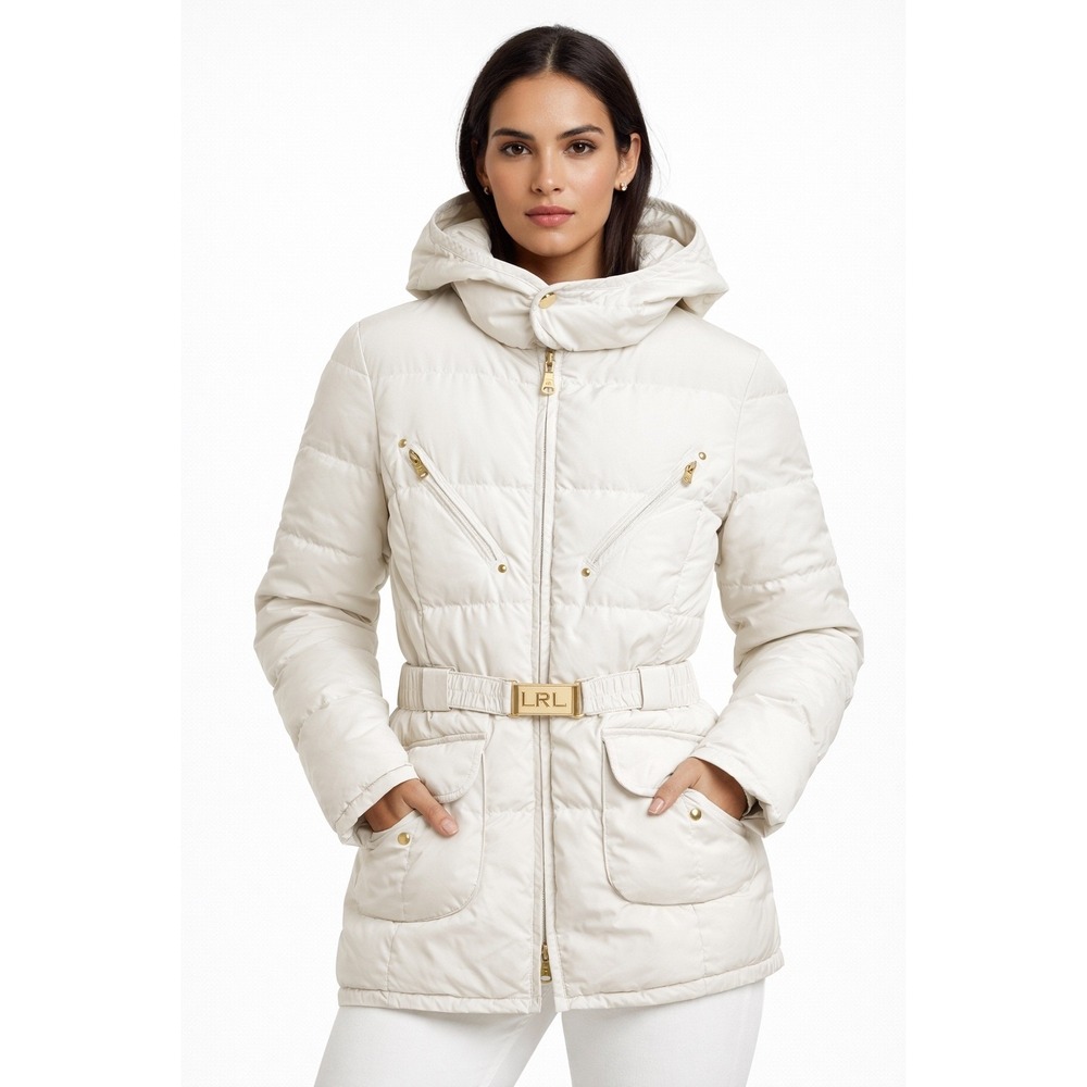 Lauren Ralph Lauren Petite Ivory Down Puffer Jacket Belted Hooded PS S
